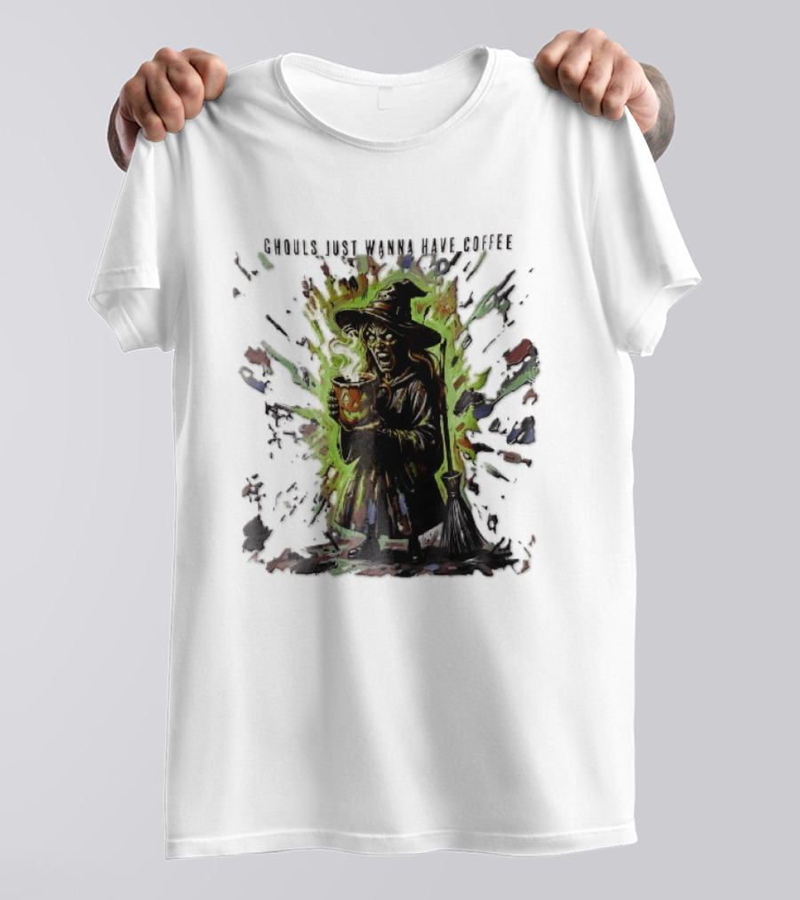 Ghouls Just Wanna Have Coffee Witch With Pumpkin And Broom Colorful Splatter T-Shirt
