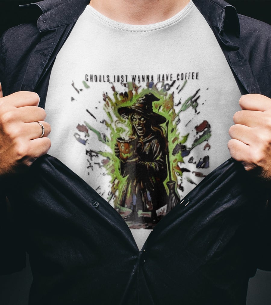 Ghouls Just Wanna Have Coffee Witch With Pumpkin And Broom Colorful Splatter T-Shirt