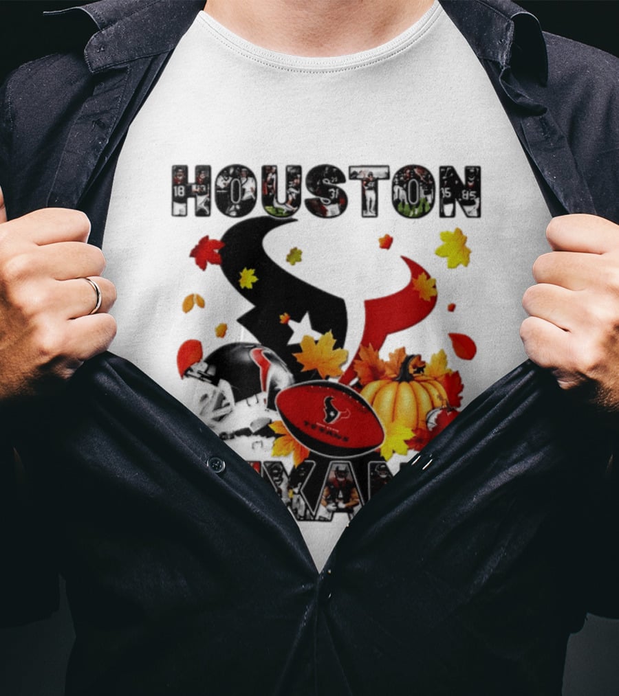 Houston Texans Football Autumn Fall Pumpkin Helmet Leaves 2026 Halloween T-Shirt