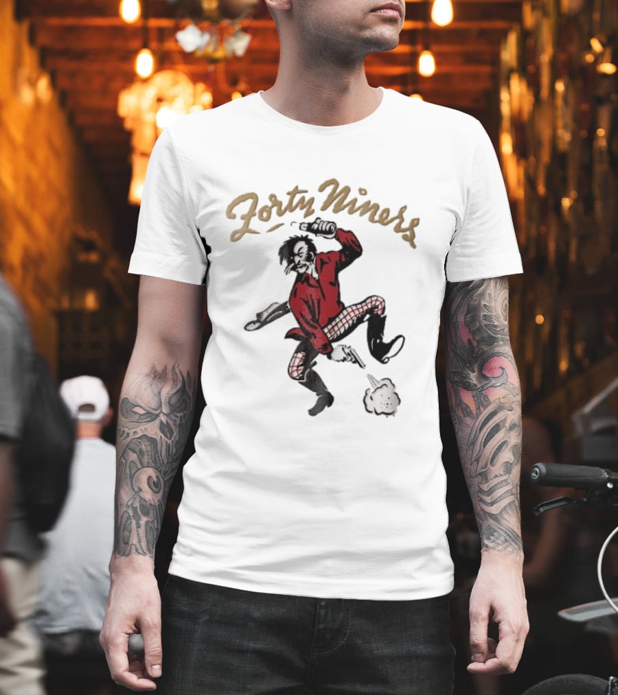 San Francisco 49ers Forty Niners Cartoon Gold Rush Miner Shooting Pistol Vintage Football T-Shirt