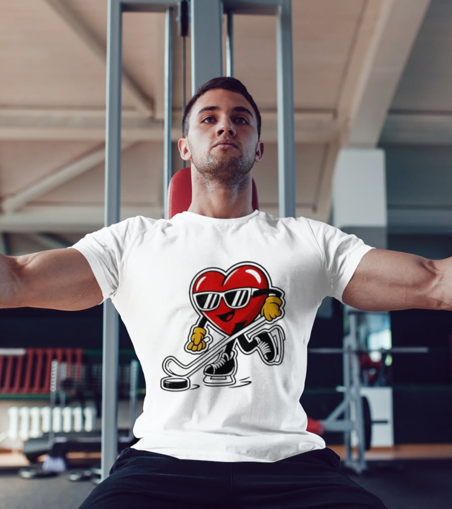 I Love Hockey Heart Character With Sunglasses And Stick T-Shirt