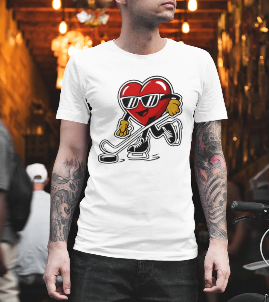 I Love Hockey Heart Character With Sunglasses And Stick T-Shirt