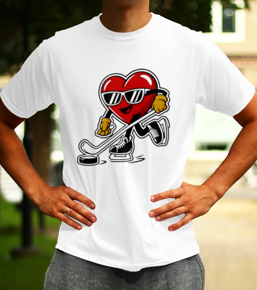 I Love Hockey Heart Character With Sunglasses And Stick T-Shirt