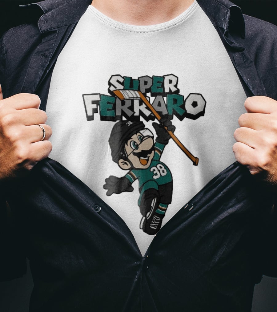 Super Ferraro Mario 38 Ice Hockey Player Jumping Stick Cartoon Caricature T-Shirt