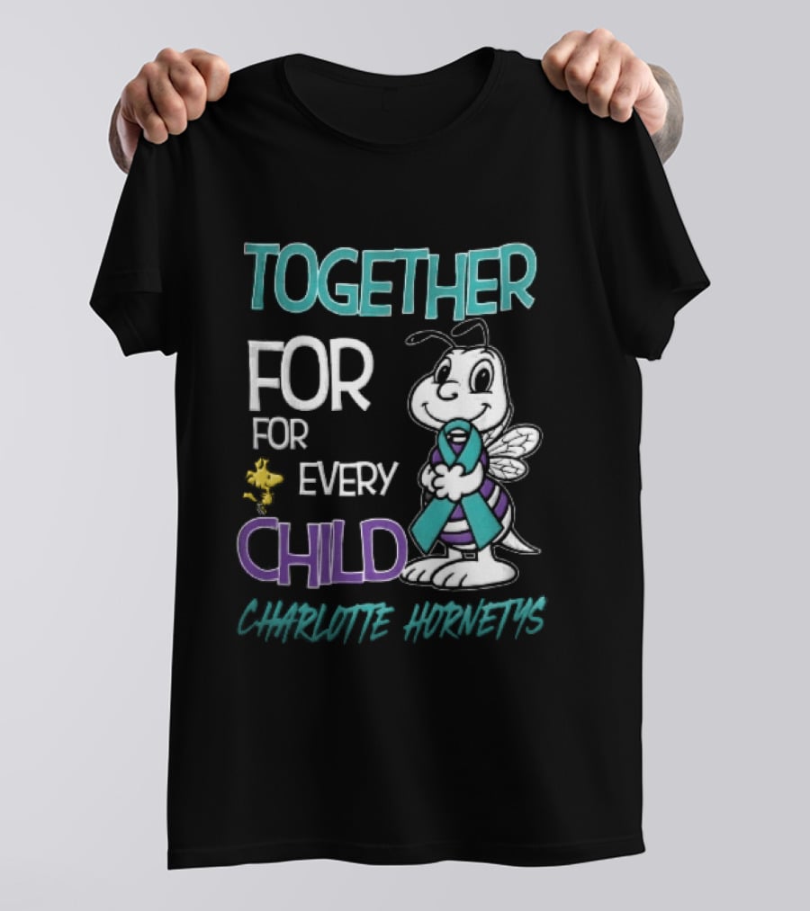 TOGETHER FOR EVERY CHILD Charlotte Hornets Cartoon Hornet Holding Ribbon Woodstock T-Shirt