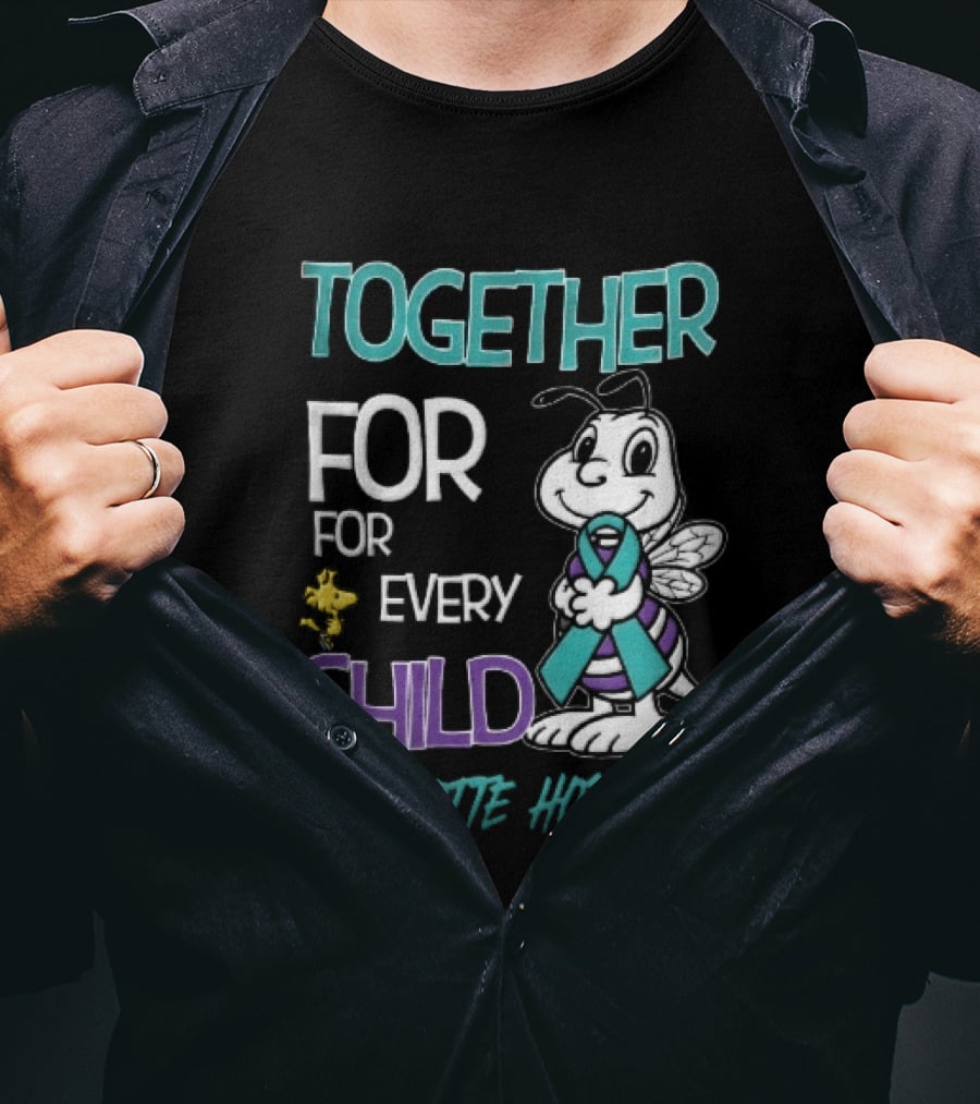 TOGETHER FOR EVERY CHILD Charlotte Hornets Cartoon Hornet Holding Ribbon Woodstock T-Shirt