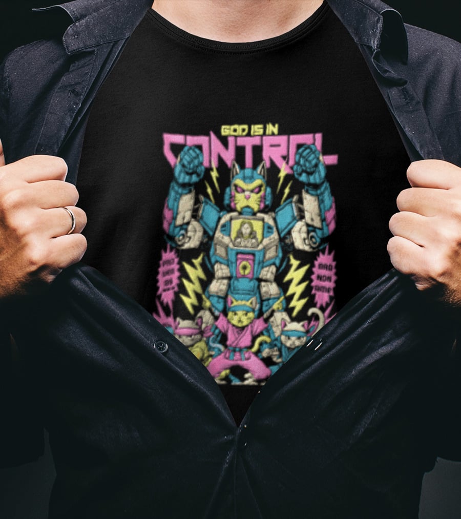 Mecha Cat Jesus Ninja Kittens God Is In Control Proverbs 3 6 T-Shirt