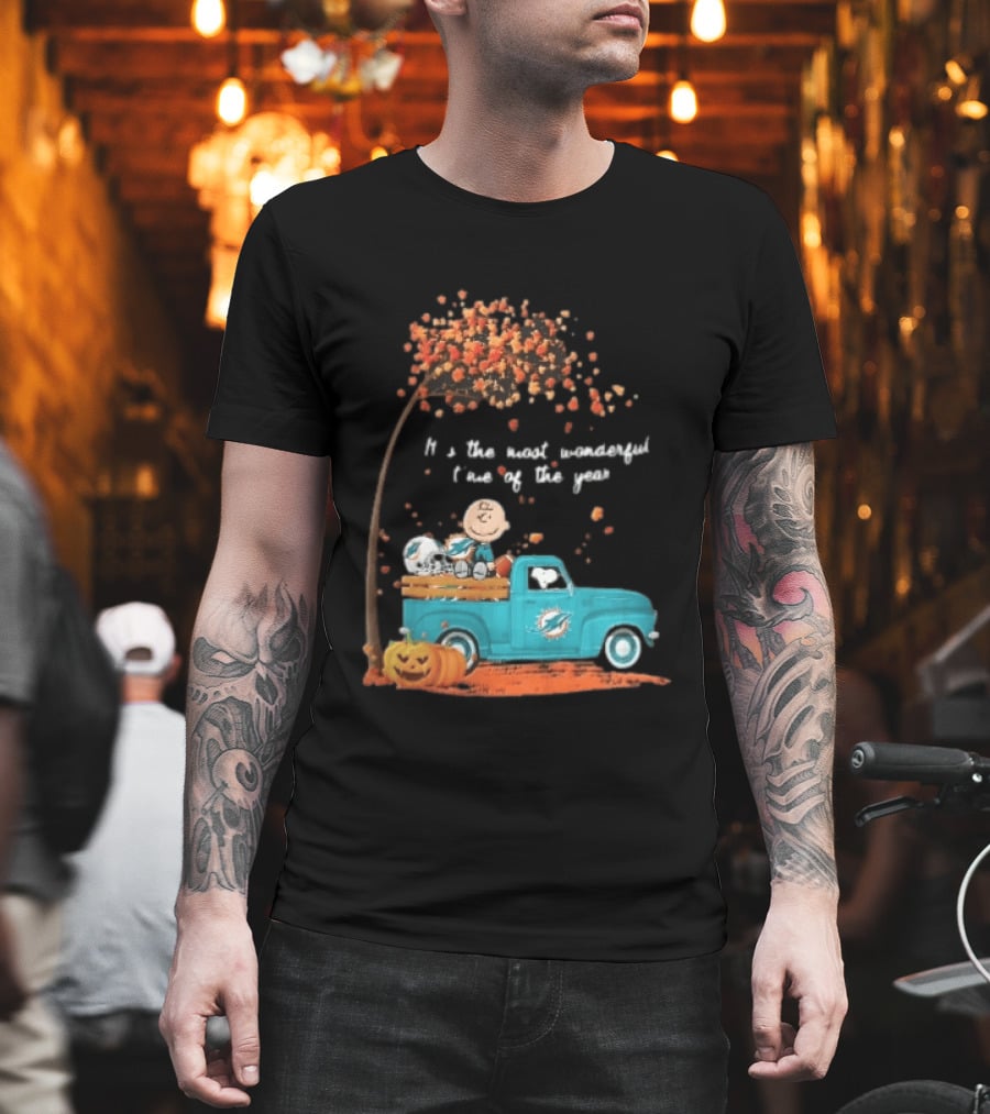 Miami Dolphins Charlie Brown Snoopy Pickup Truck Pumpkins Most Wonderful Time Of Year T-Shirt