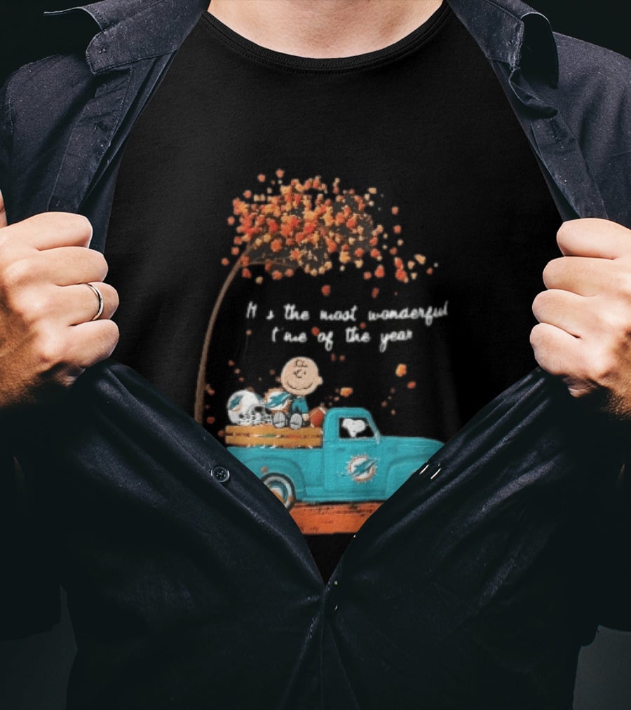Miami Dolphins Charlie Brown Snoopy Pickup Truck Pumpkins Most Wonderful Time Of Year T-Shirt
