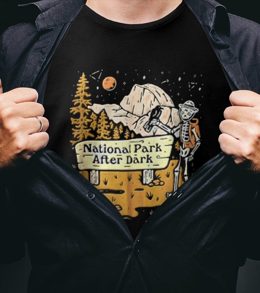 National Park After Dark Skeleton Ranger With Raven And Mountain Cartoons T-Shirt