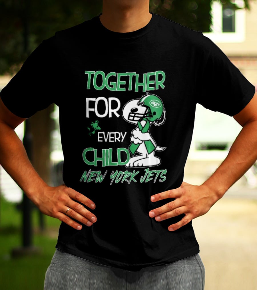 New York Jets Snoopy Woodstock Together For Every Child Football Helmet Green Ribbon T-Shirt
