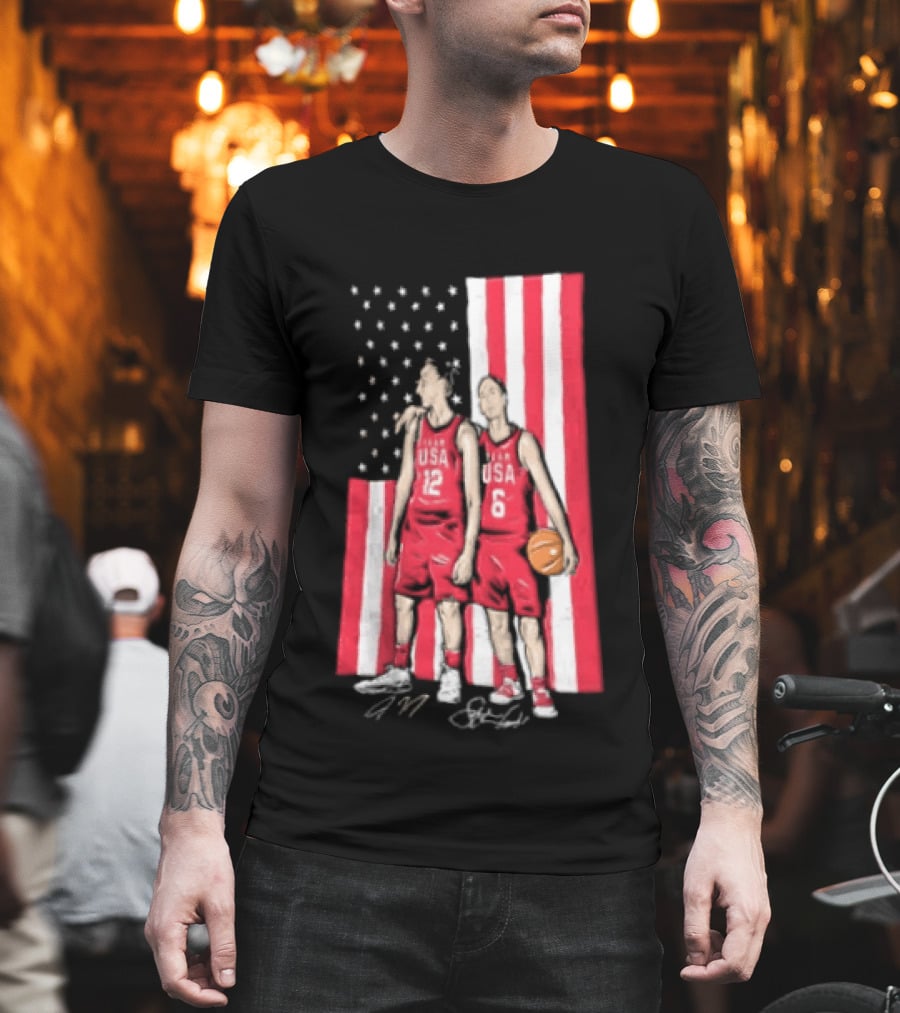 Sue Bird Diana Taurasi USA Basketball American Flag Signatures T-Shirt
