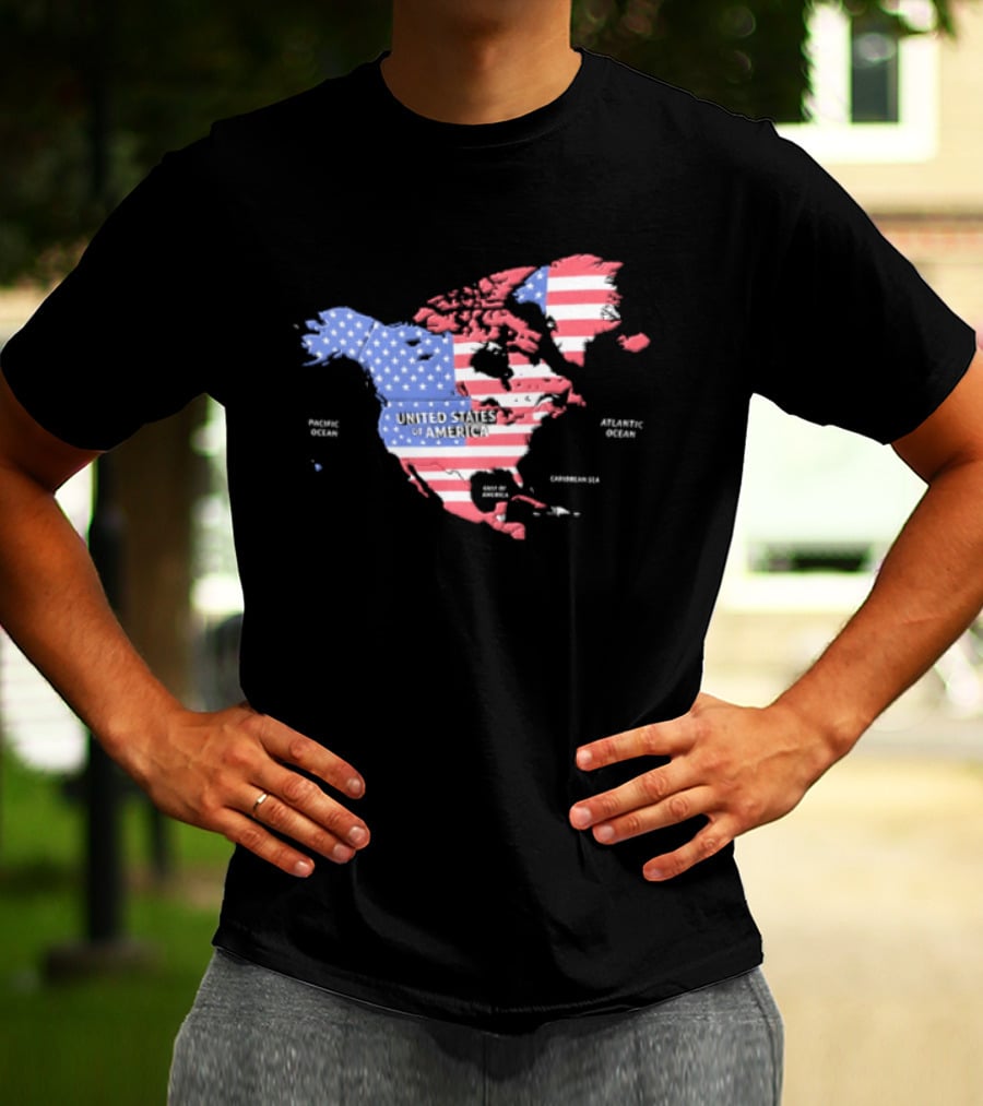 United States American Flag Map Of North America Featuring USA Canada Mexico Greenland T-Shirt