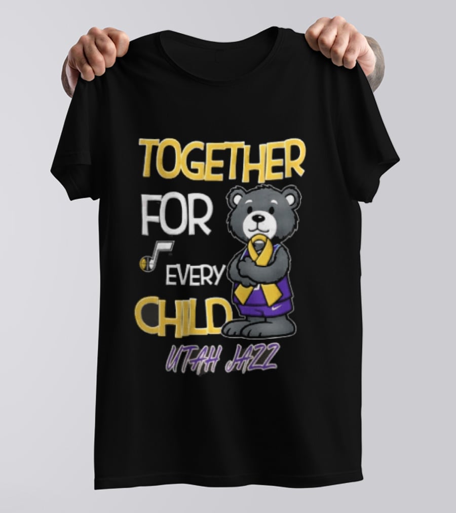 Utah Jazz Together For Every Child Cartoon Bear Gold Ribbon Purple Uniform T-Shirt