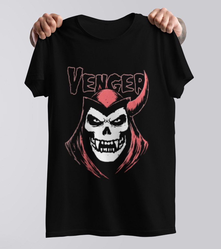 Venger Distressed Red Hooded Skull Face One Horned Demon T-Shirt
