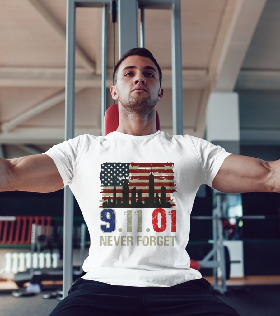 9.11.01 Never Forget American Flag Skyline Memorial Patriot 9 11 T-Shirt