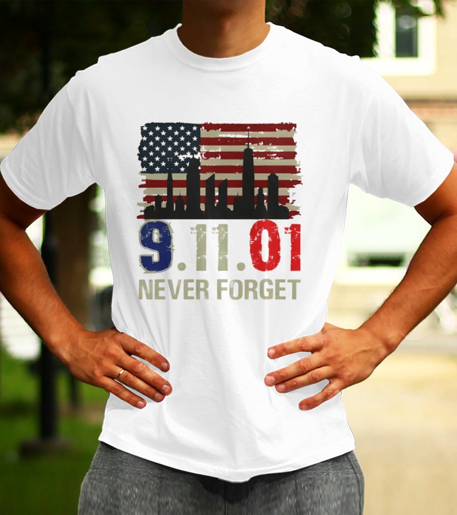 9.11.01 Never Forget American Flag Skyline Memorial Patriot 9 11 T-Shirt