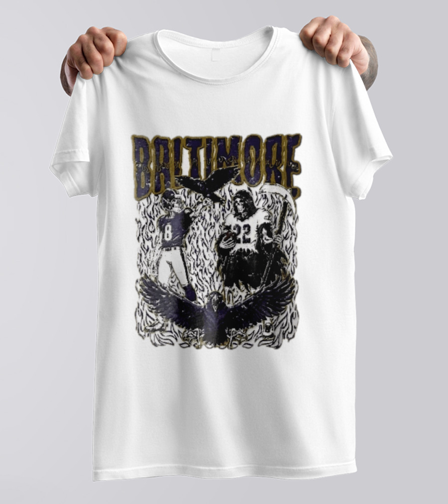 Baltimore Ravens Skeleton Grim Reaper Scythe Purple Flames Football Players Ravens T-Shirt