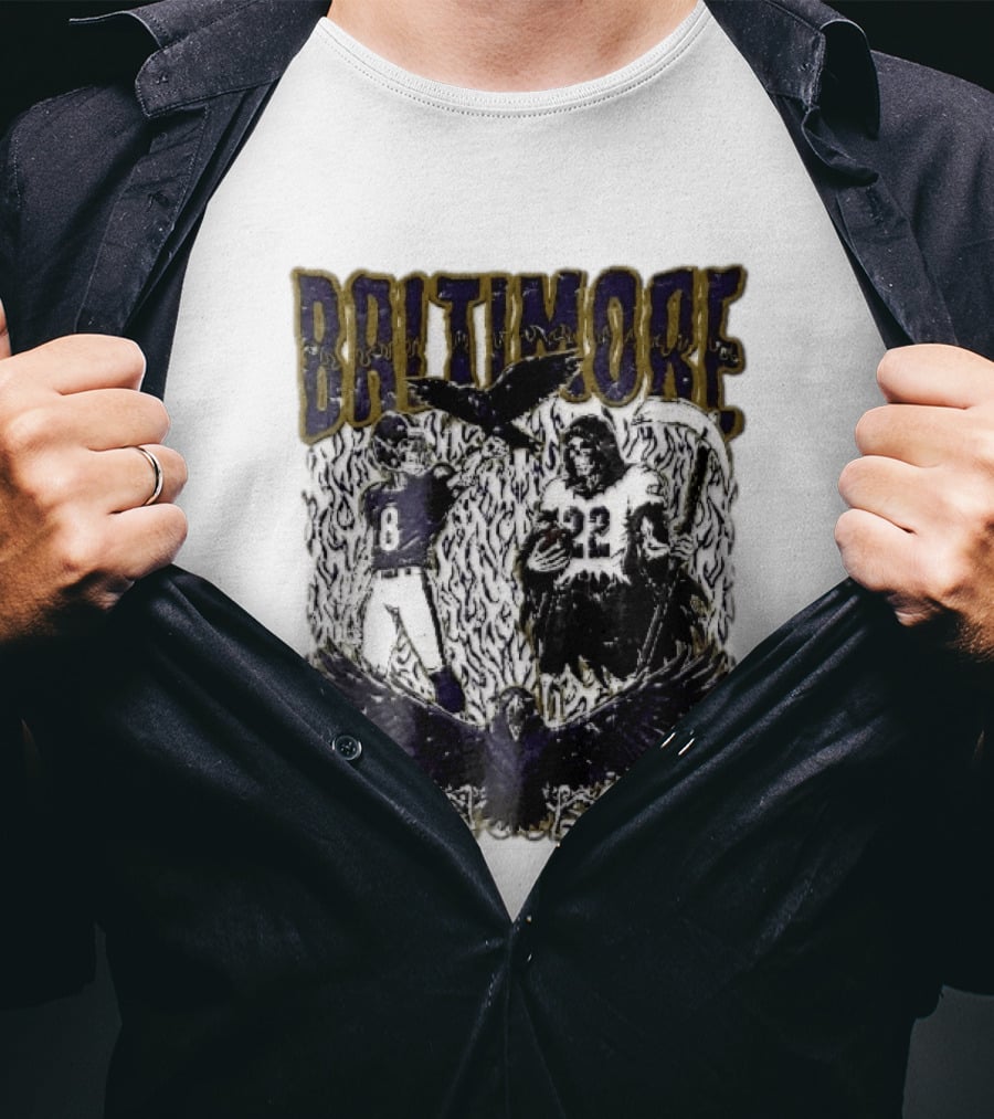 Baltimore Ravens Skeleton Grim Reaper Scythe Purple Flames Football Players Ravens T-Shirt