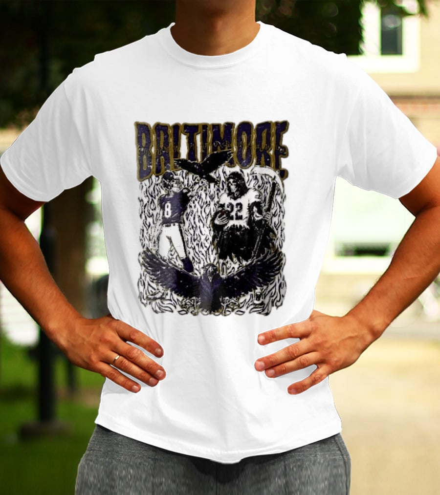 Baltimore Ravens Skeleton Grim Reaper Scythe Purple Flames Football Players Ravens T-Shirt