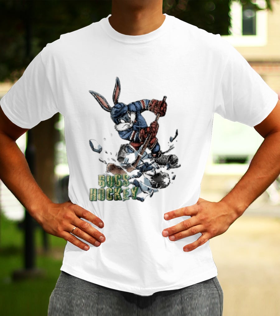 Bugs Hockey Cartoon Bunny Cracking Ice Puck Shot Distressed T-Shirt