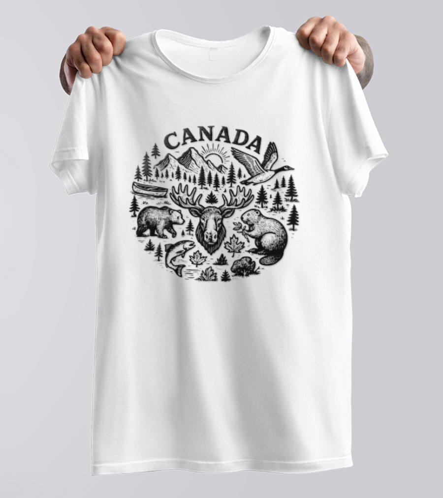 Canada Moose Bear Owl Squirrel Trees Mountains Sun Wildlife T-Shirt