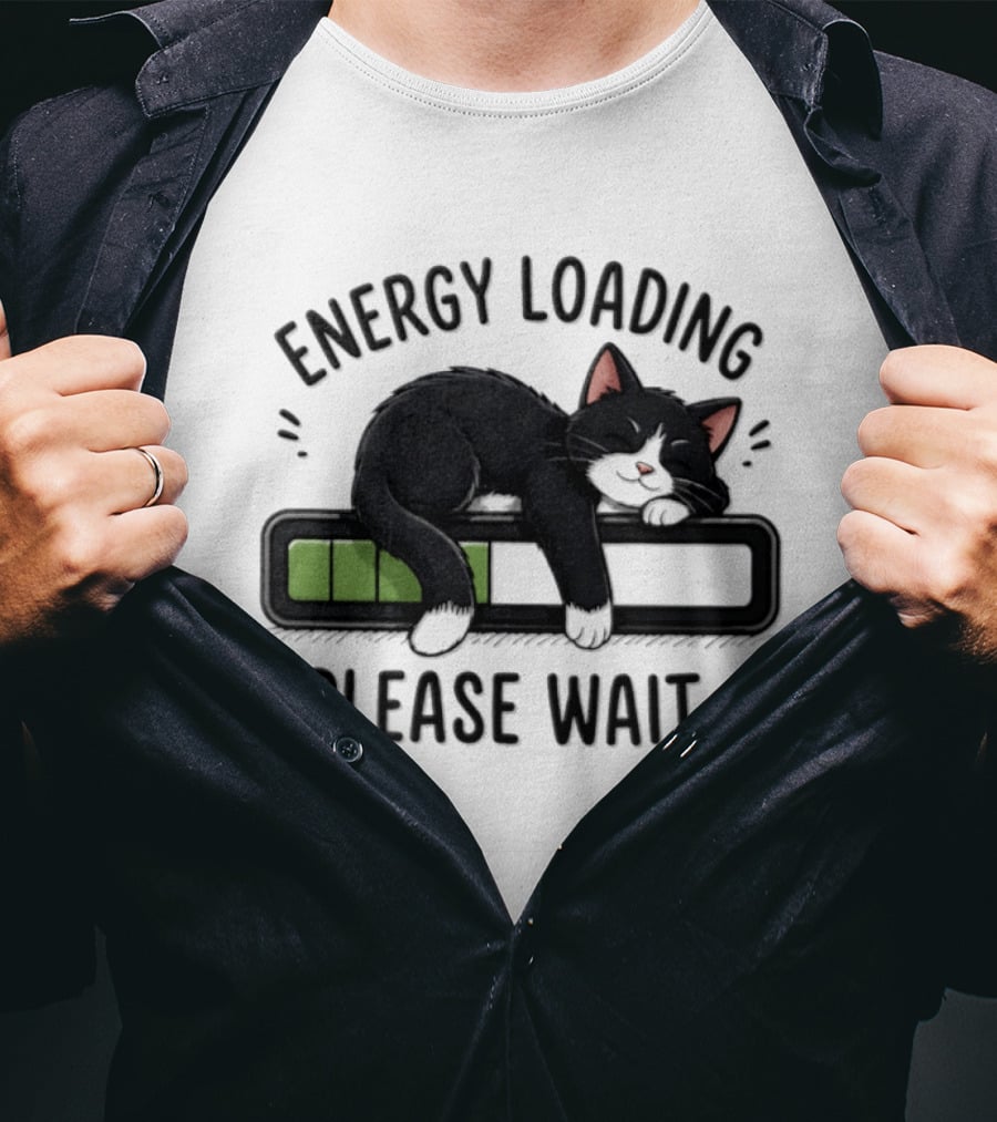 Cat Energy Loading Please Wait Sleeping Black Cat Battery Charge T-Shirt