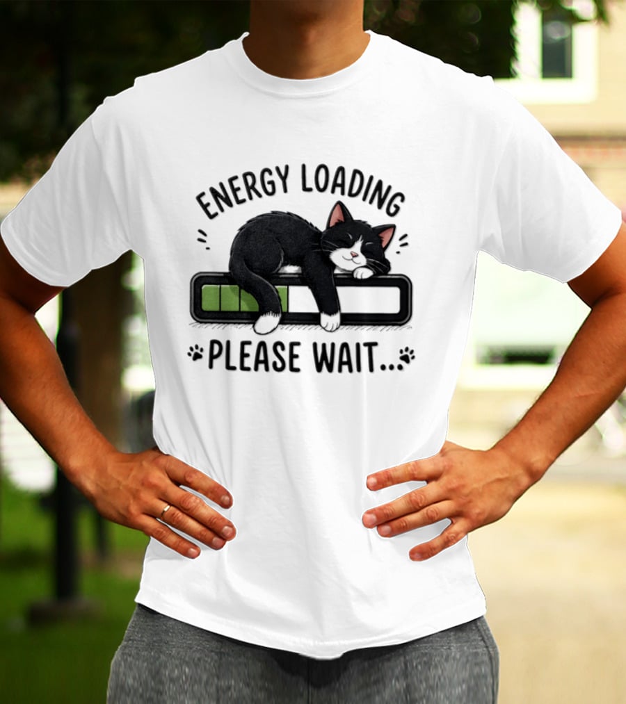 Cat Energy Loading Please Wait Sleeping Black Cat Battery Charge T-Shirt
