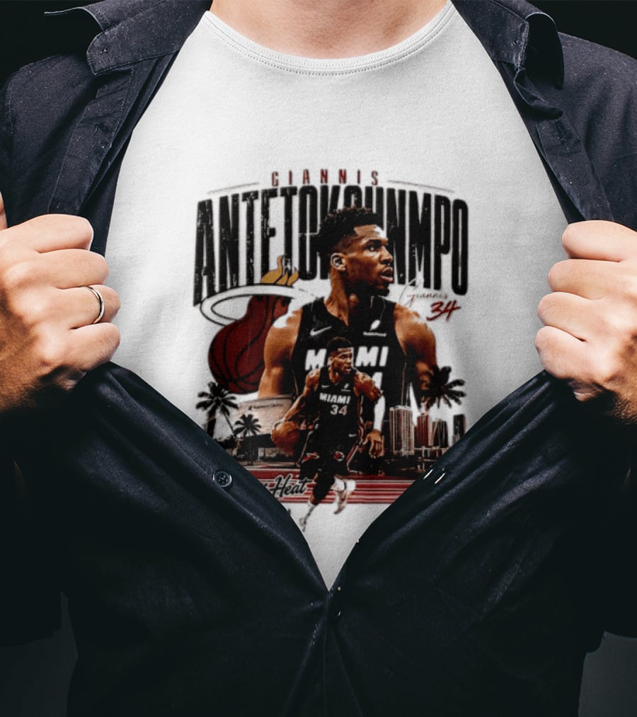 Giannis Antetokounmpo Miami Heat NBA Player Est 1988 Kaseya Center Palms And Cityscape T-Shirt