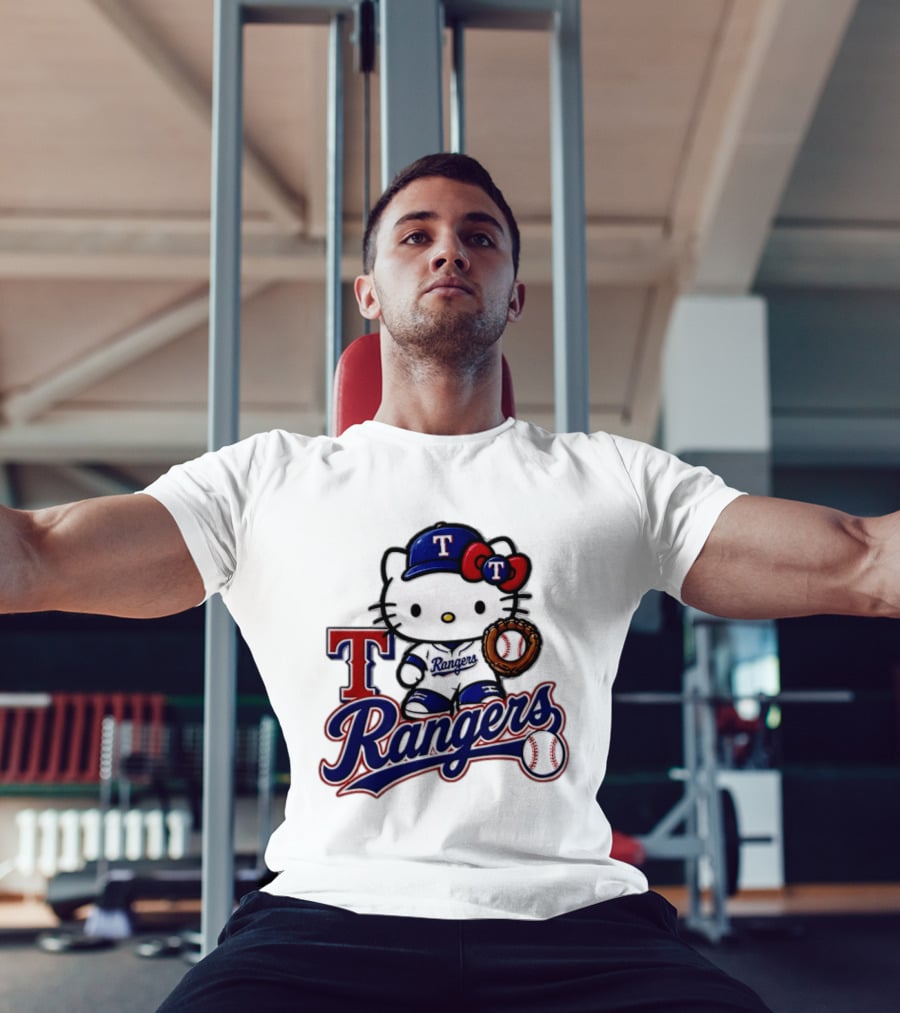 Hello Kitty Texas Rangers Baseball 2026 MLB Rangers Logo With Baseball Glove And Cap T-Shirt