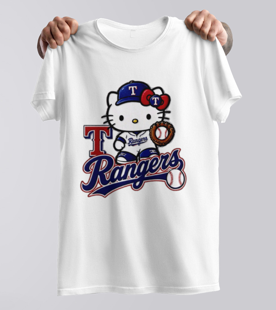 Hello Kitty Texas Rangers Baseball 2026 MLB Rangers Logo With Baseball Glove And Cap T-Shirt