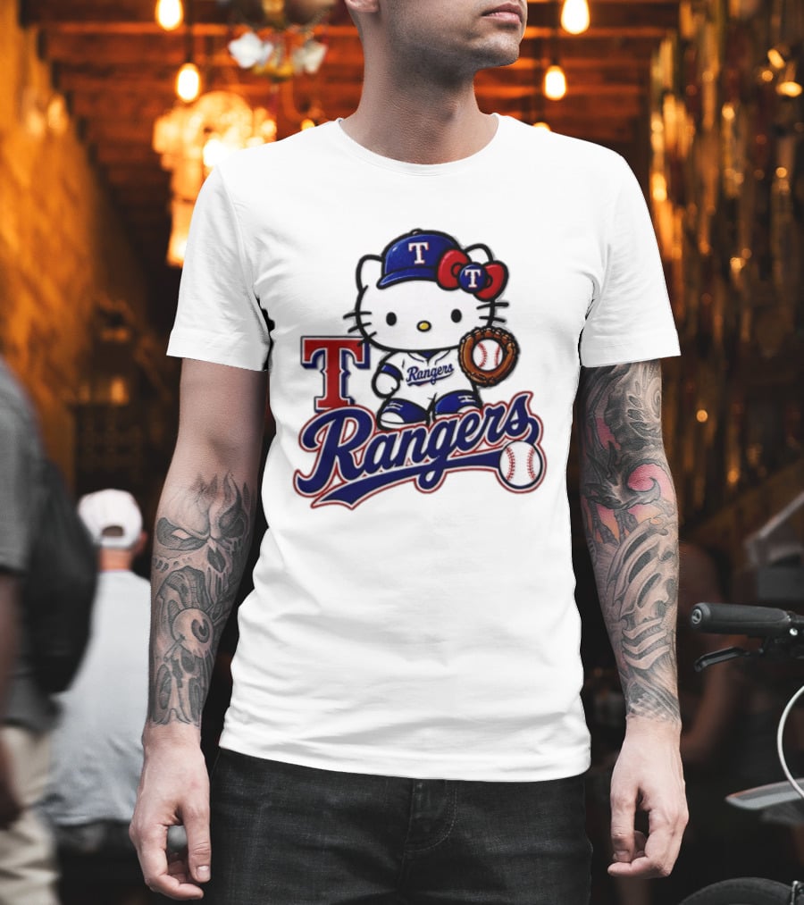 Hello Kitty Texas Rangers Baseball 2026 MLB Rangers Logo With Baseball Glove And Cap T-Shirt