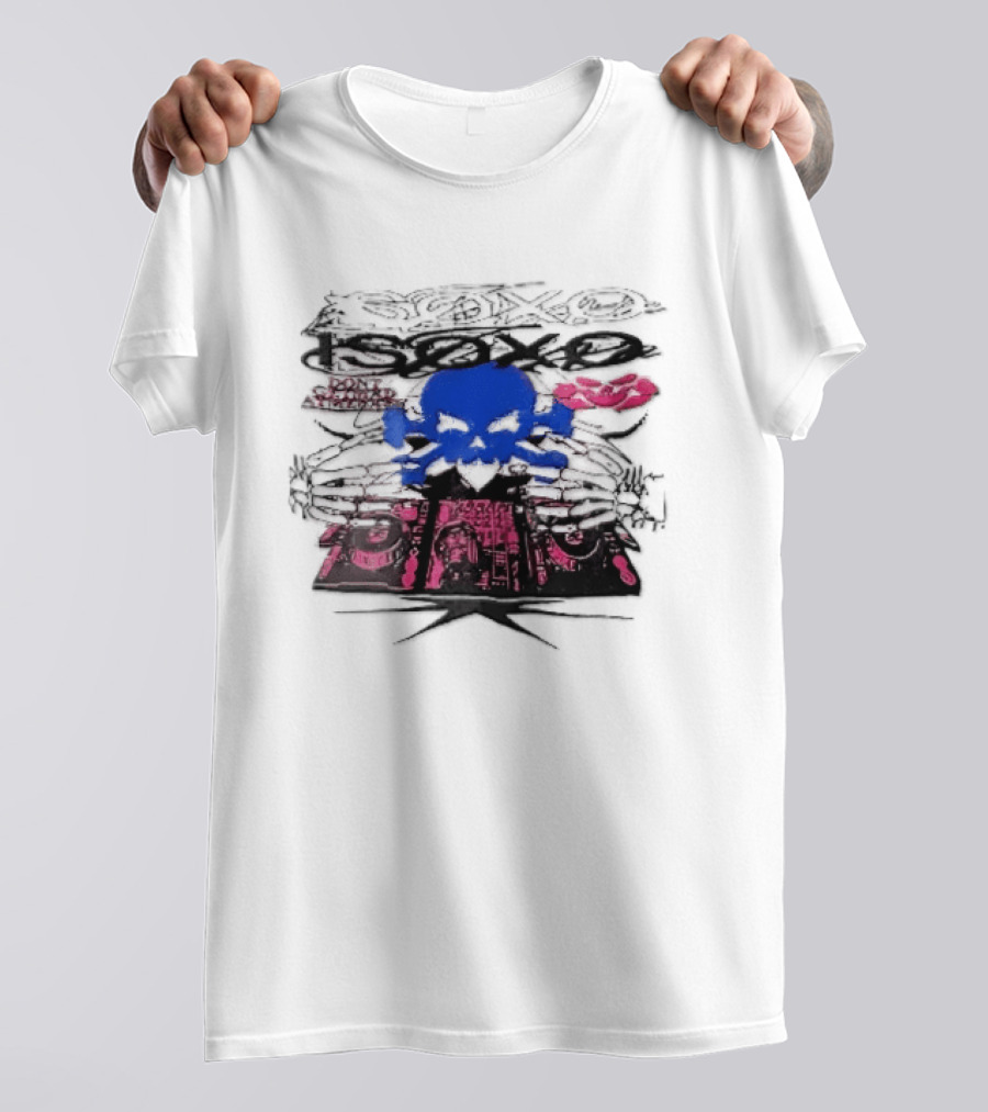 Isoxo Dont Get Mad Aim Back Blue Skull Skeleton Hands Dj Turntables T-Shirt