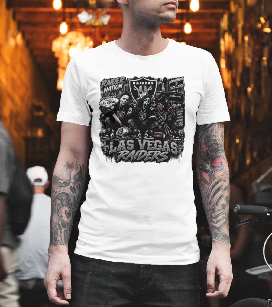 Raider Nation Las Vegas Raiders Michael Myers Ghostface Freddy Krueger Commitment To Excellence Halloween Allegiant Stadium T-Shirt