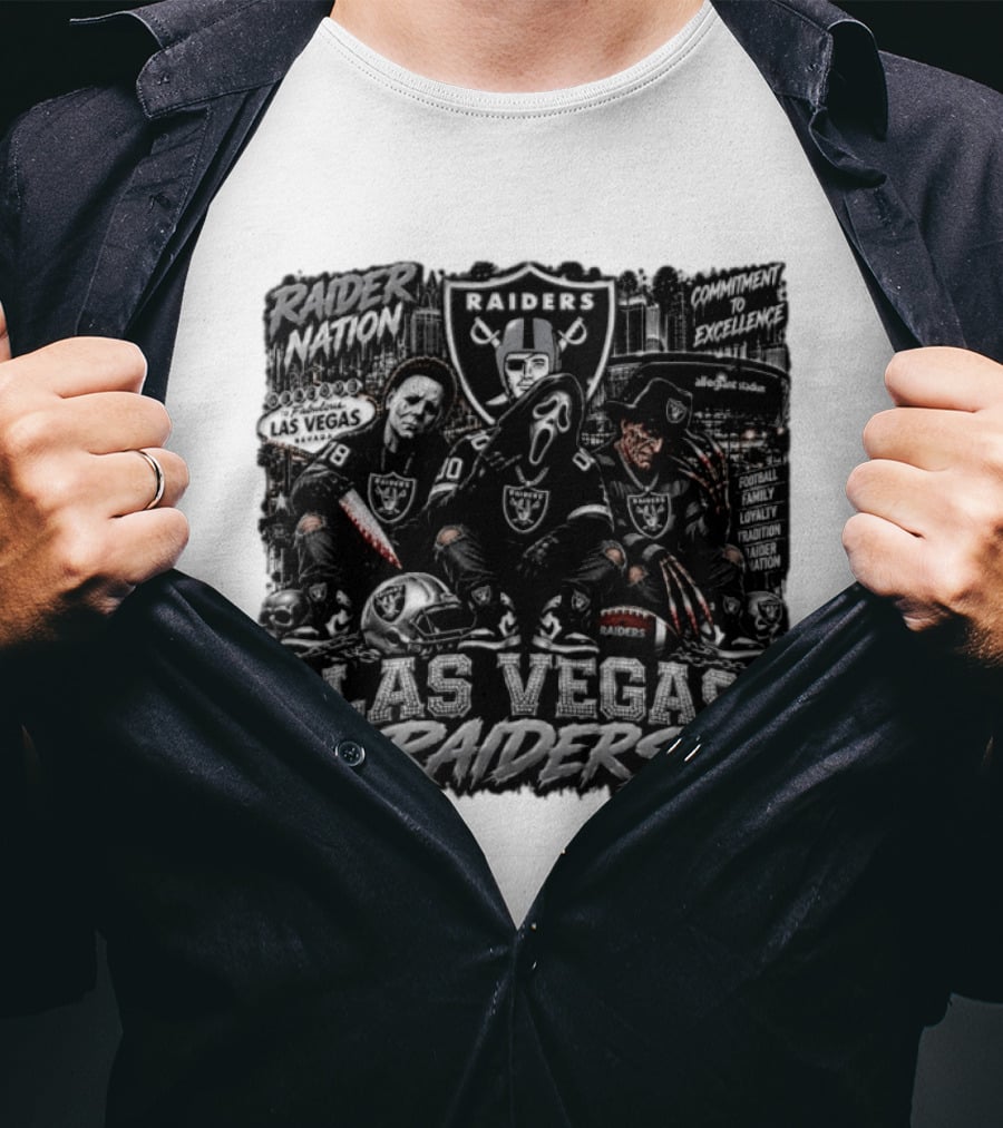 Raider Nation Las Vegas Raiders Michael Myers Ghostface Freddy Krueger Commitment To Excellence Halloween Allegiant Stadium T-Shirt