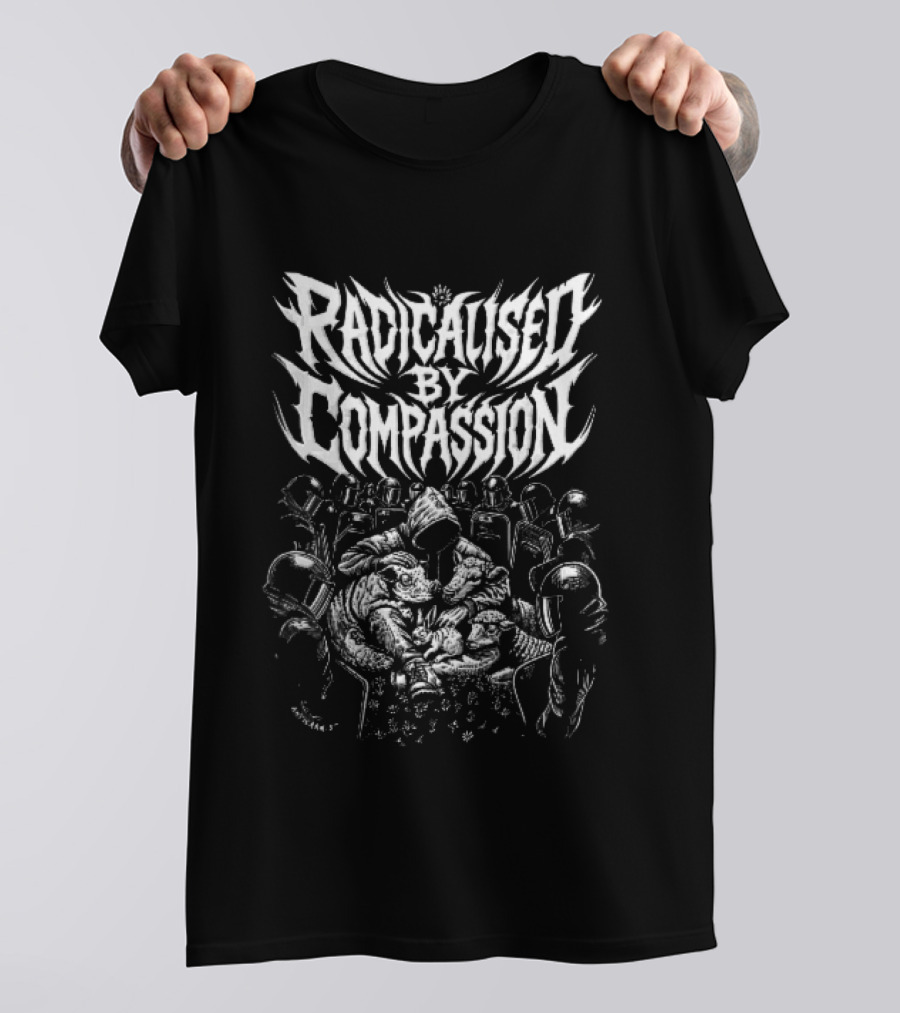 Radicalised By Compassion Hooded Figure Hugging Farm Animals Riot Police Line T-Shirt