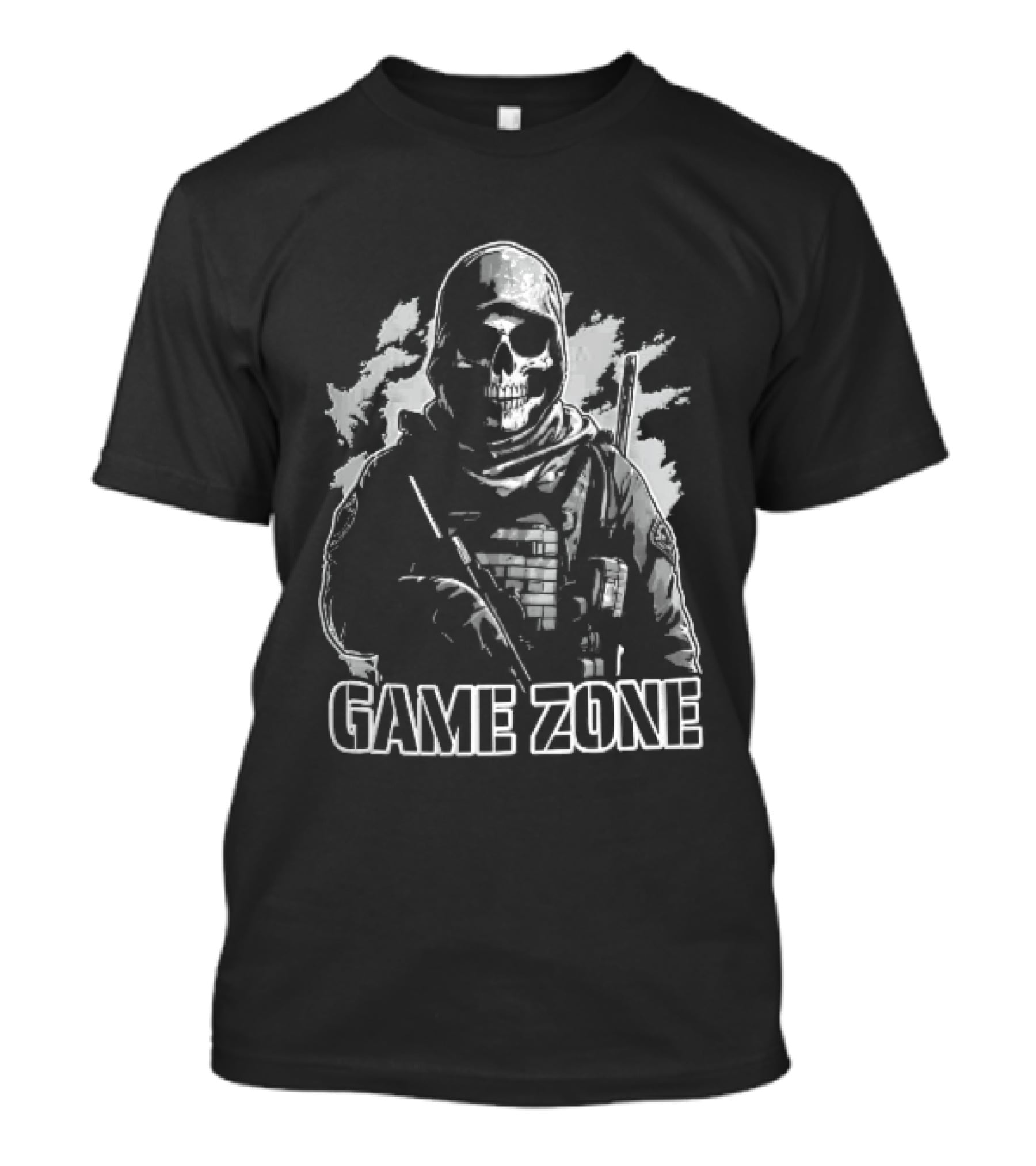Game Zone Monochrome Skull Soldier Tactical Rifle Hooded T-Shirt