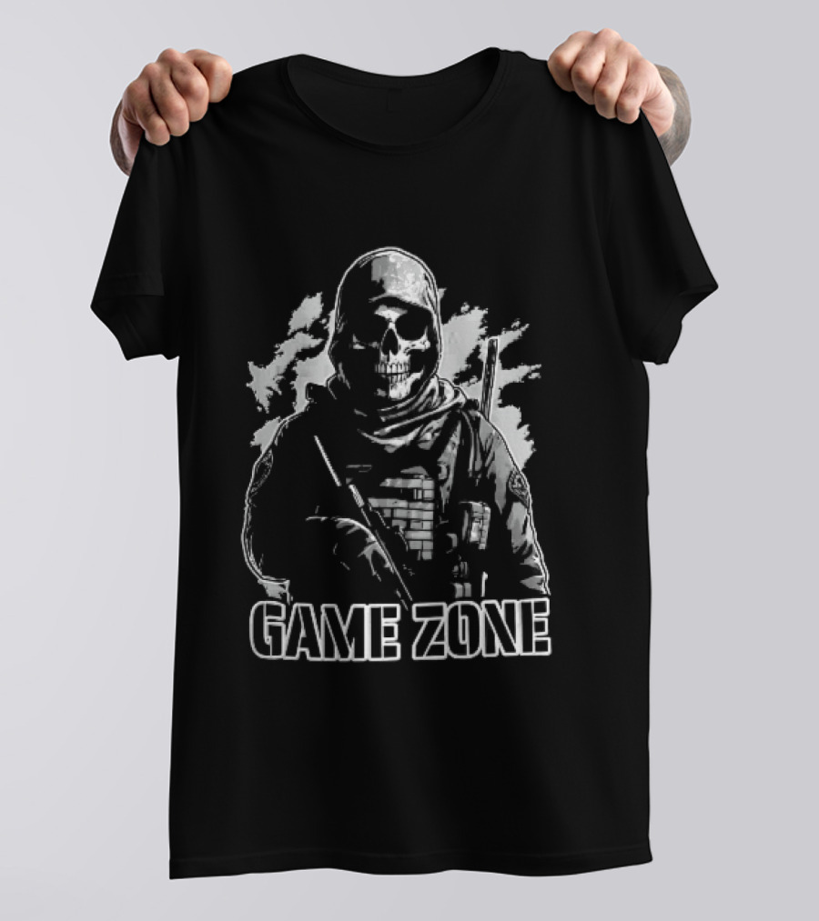 Game Zone Monochrome Skull Soldier Tactical Rifle Hooded T-Shirt