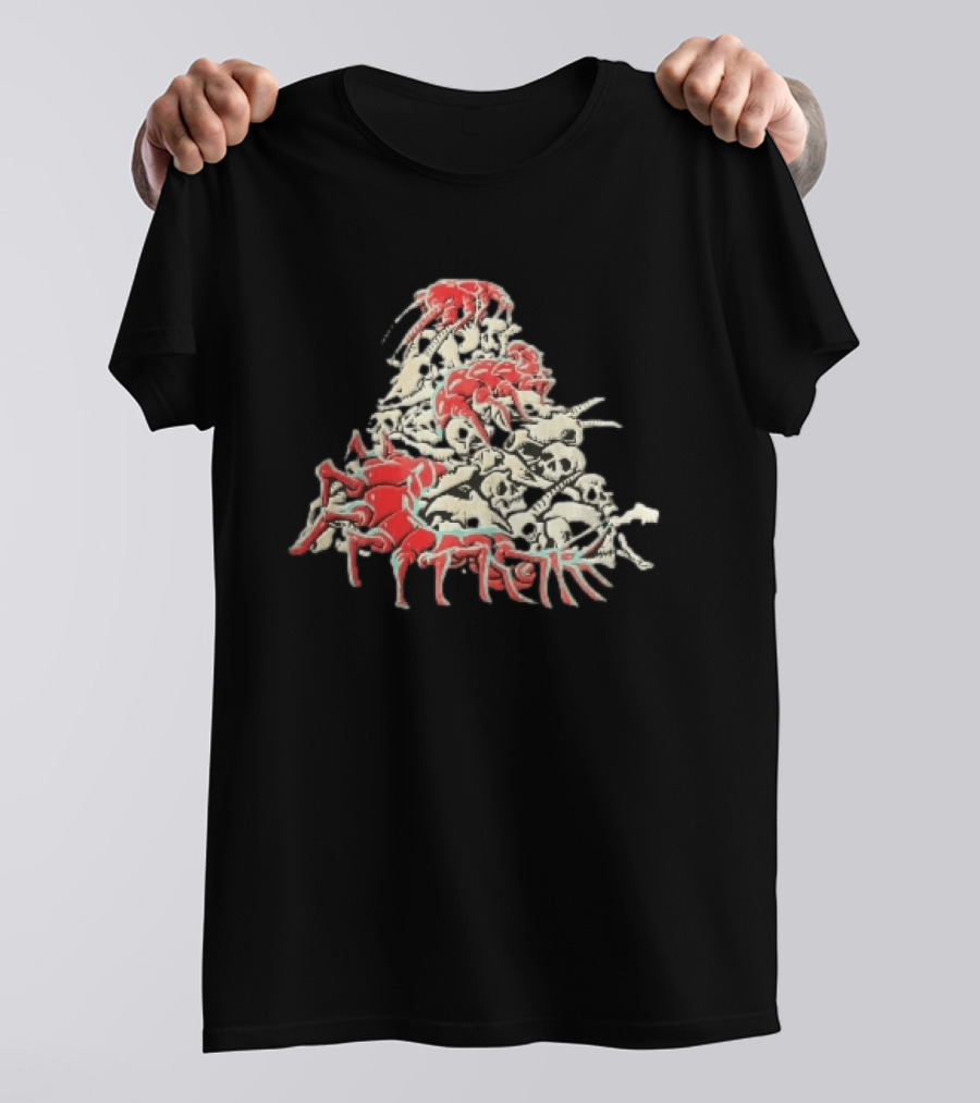 Giant Red Centipede Cyan Crawling Pile Of Skulls T-Shirt