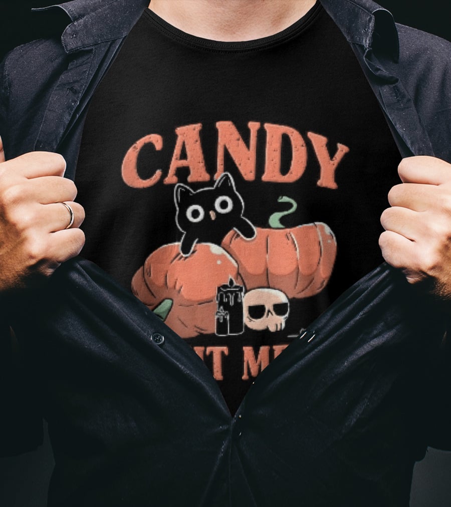 Candy Right Meow Black Cat Pumpkins Candles Skull Halloween T-Shirt