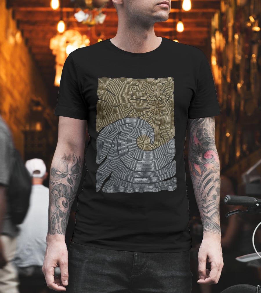 Golden Sun Over Crashing Blue Ocean Wave Line Maze T-Shirt