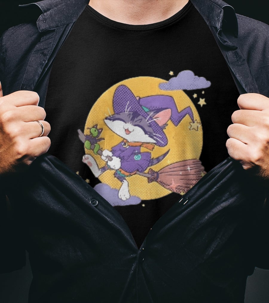 Halftone Cartoon Cat Witch Flying On Broomstick With Moon And Stars T-Shirt