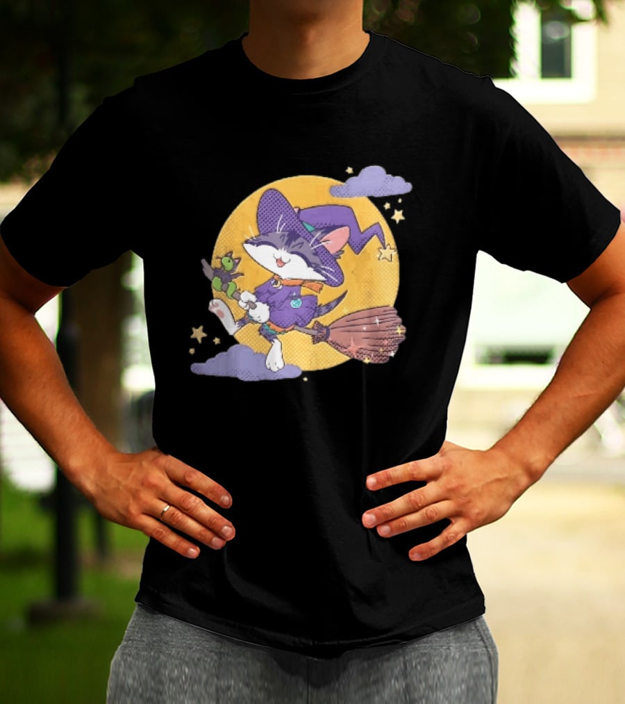 Halftone Cartoon Cat Witch Flying On Broomstick With Moon And Stars T-Shirt