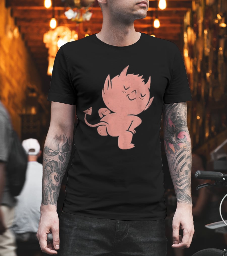 Mischievous Little Red Devil Cartoon Mooning With Distressed Texture T-Shirt