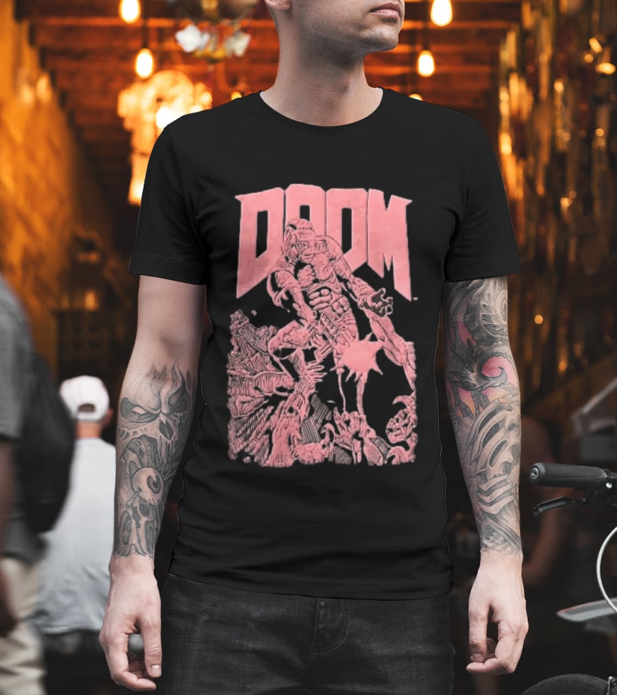 Doom Space Marine Battling Hell Demons Pink Sketch T-Shirt