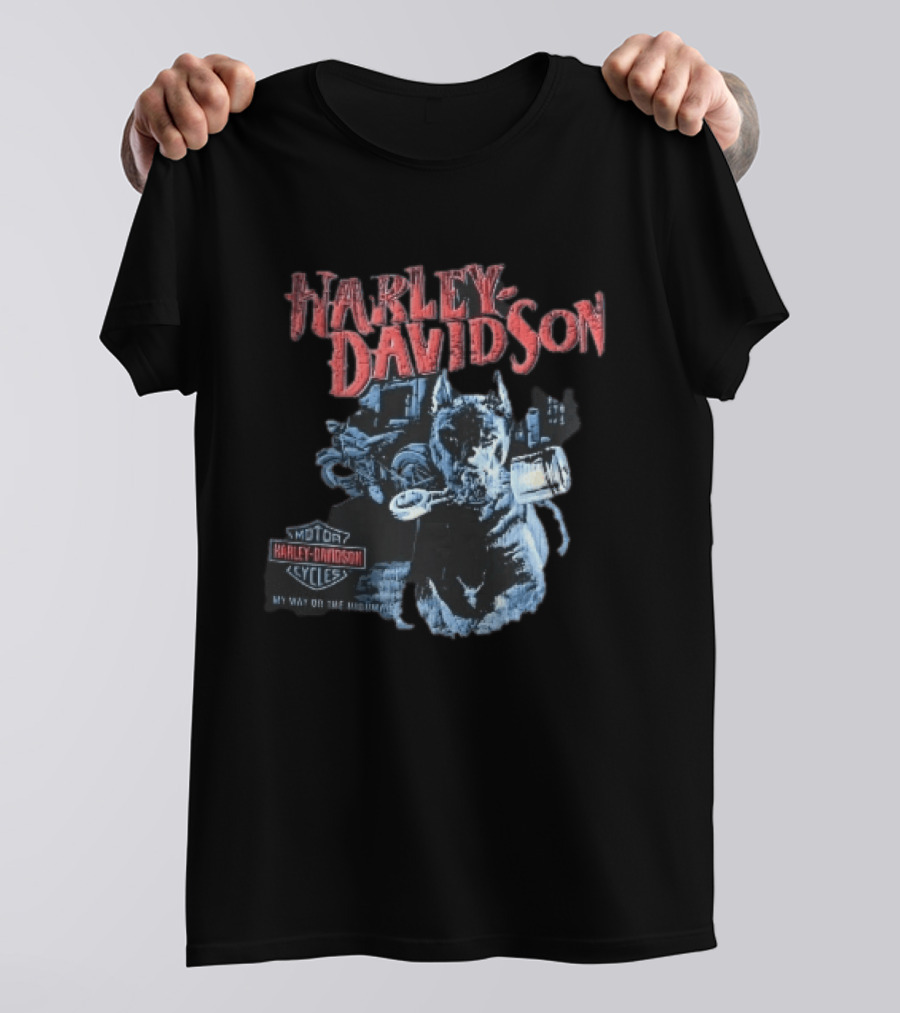 Harley Davidson My Way Or The Highway Dog Holding Piston Cycles T-Shirt