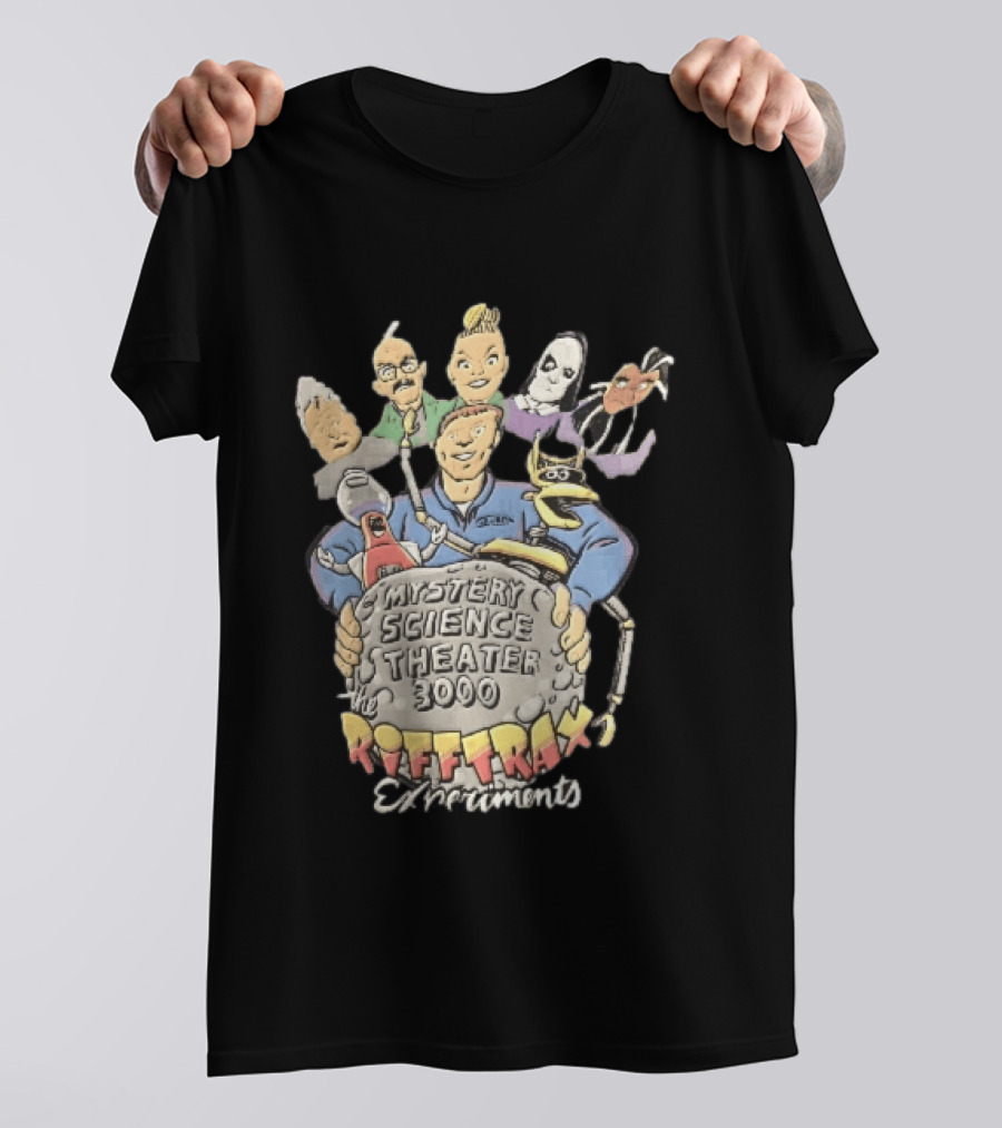 Mystery Science Theater 3000 Rifftrax Experiments Nelson Cartoon Caricature Host Robots Moon Rock T-Shirt