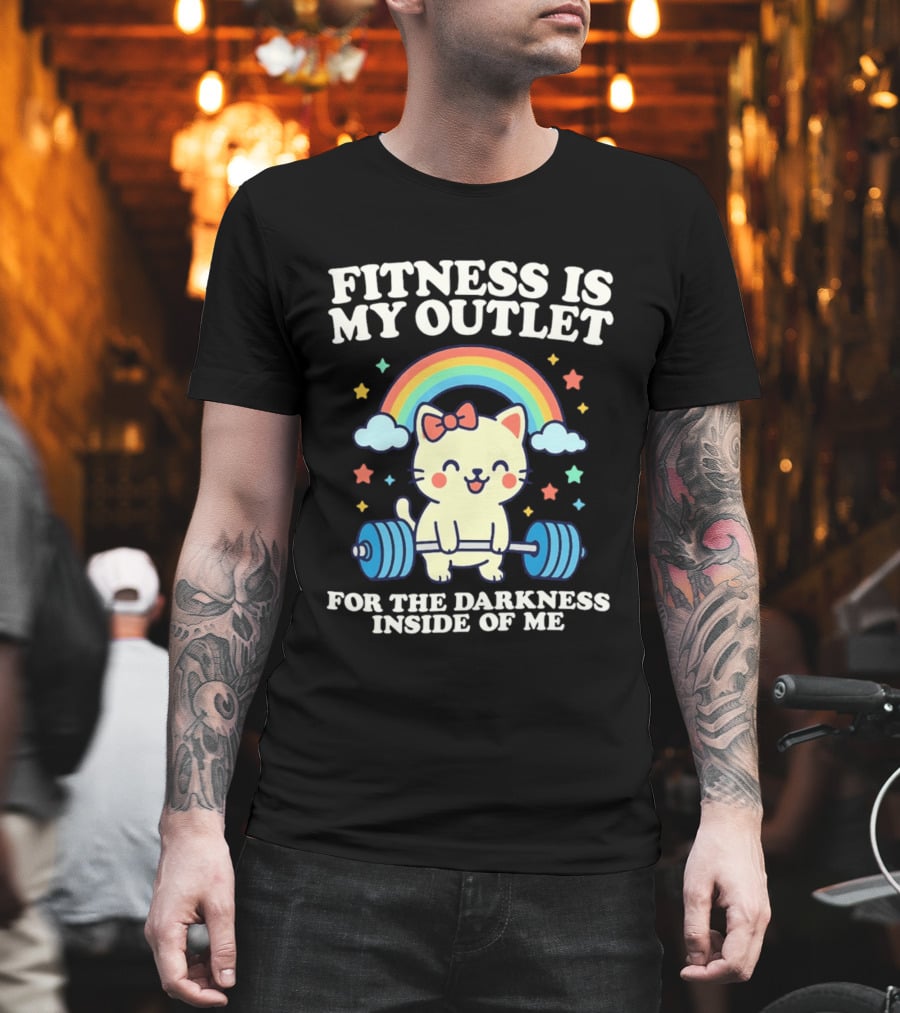 Fitness Is My Outlet For The Darkness Inside Of Me Cute Cat Weightlifting Rainbow T-Shirt