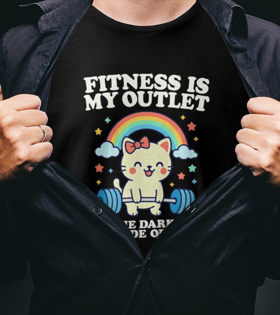 Fitness Is My Outlet For The Darkness Inside Of Me Cute Cat Weightlifting Rainbow T-Shirt