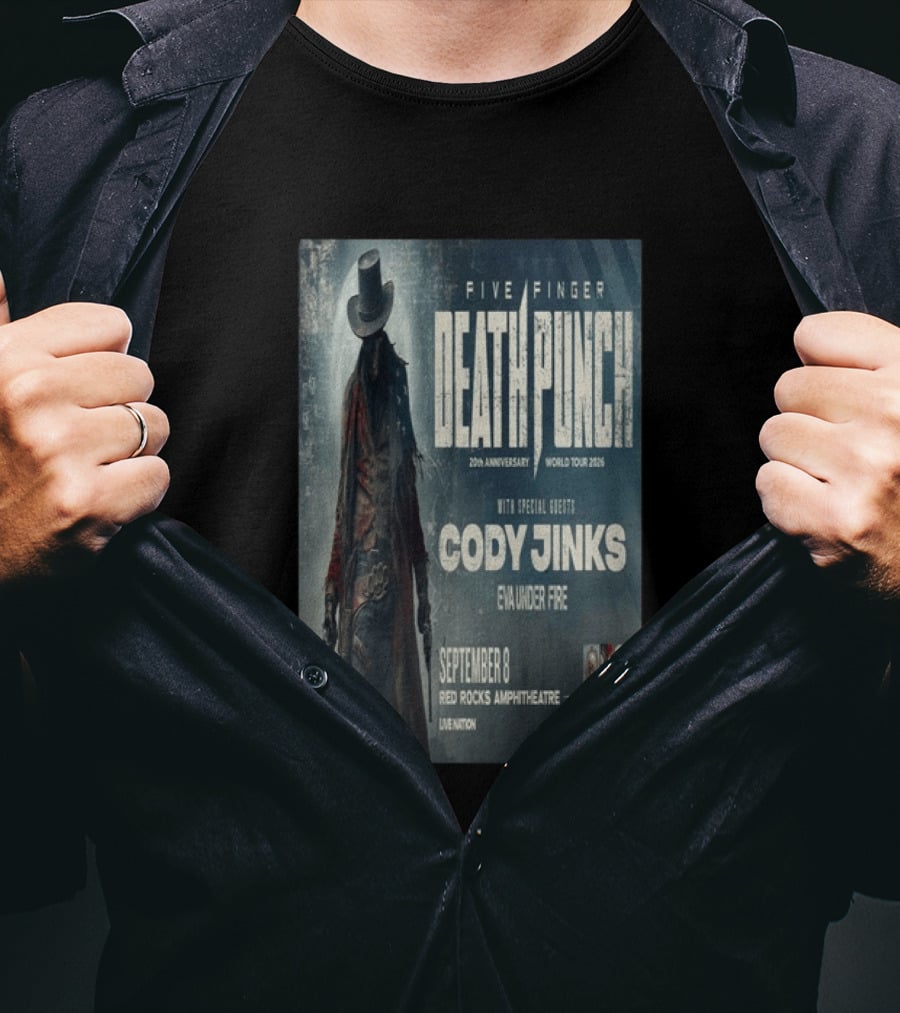 Five Finger Death Punch 20th Anniversary World Tour 2026 Red Rocks Amphitheatre September 8 Cody Jinks Eva Under Fire T-Shirt